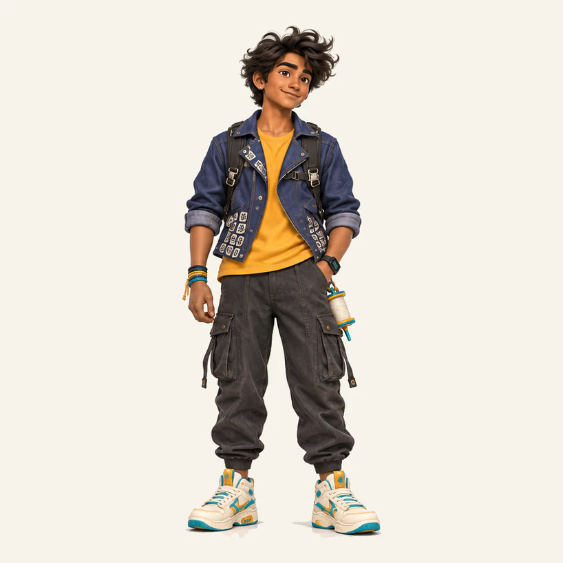 Aadi, a kite runner with a denim jacket, yellow shirt and a kite spool at his hip