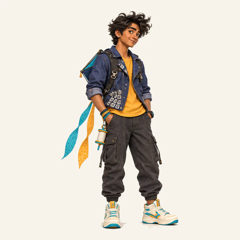 Aadi, a kite runner with a denim jacket, yellow shirt and a kite spool at his hip