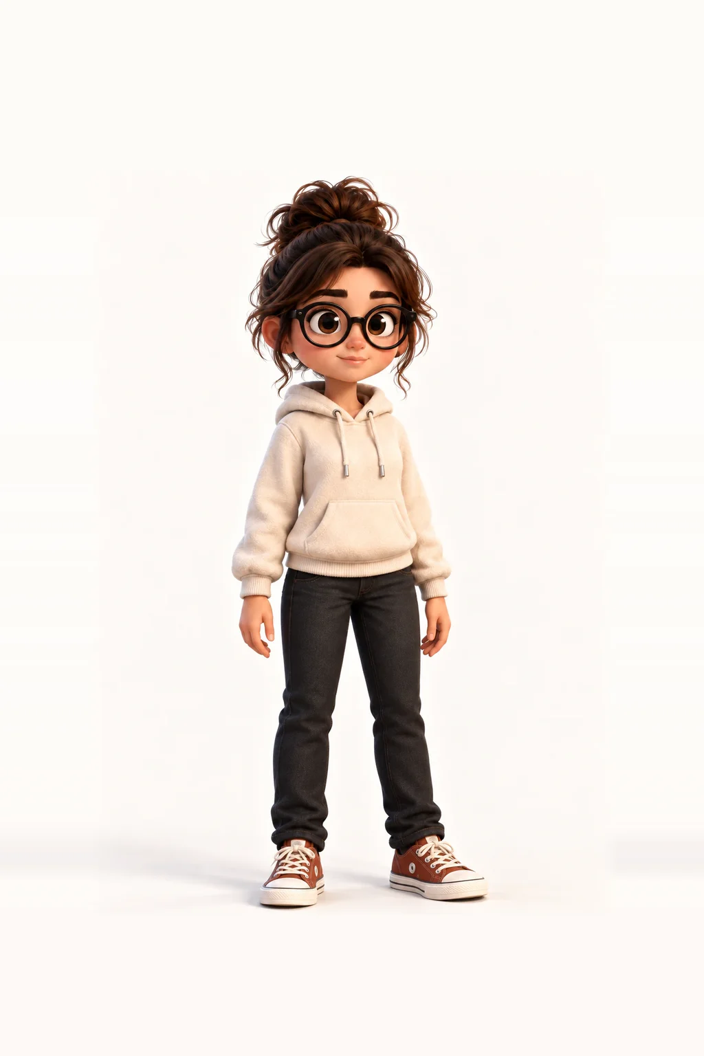 Avery with round glasses, a chestnut bun and an ivory hoodie
