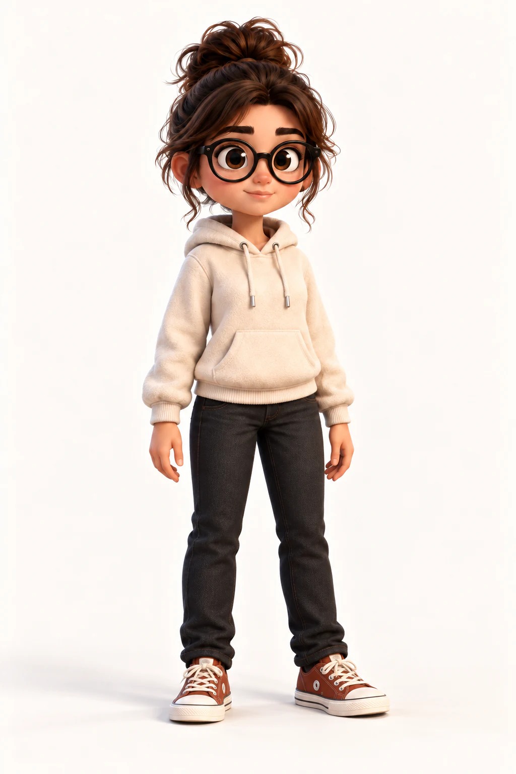 Avery with round glasses, a chestnut bun and an ivory hoodie