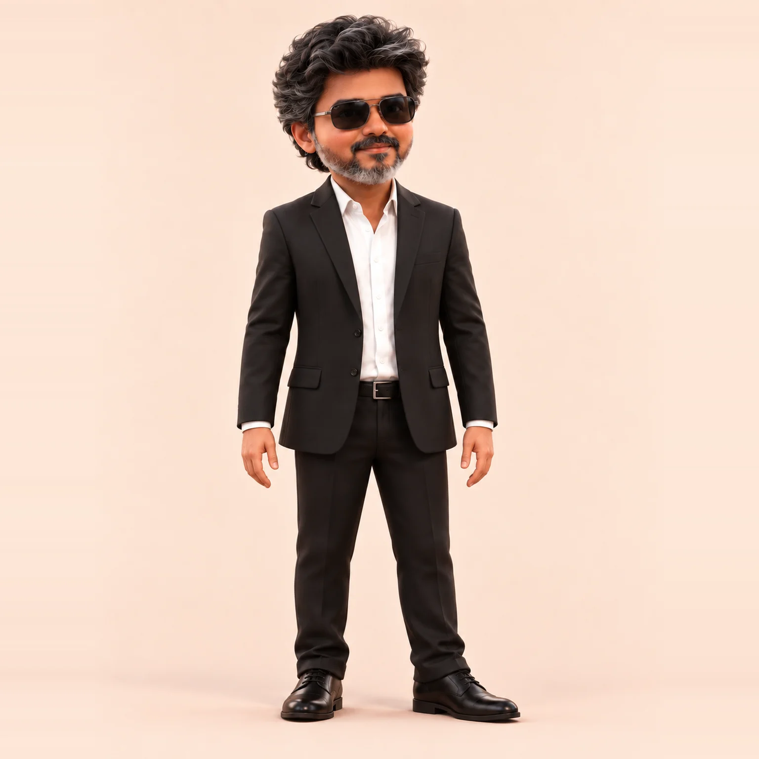 Businessman, a buddy with wavy salt-and-pepper hair, dark glasses, a black suit and a white shirt