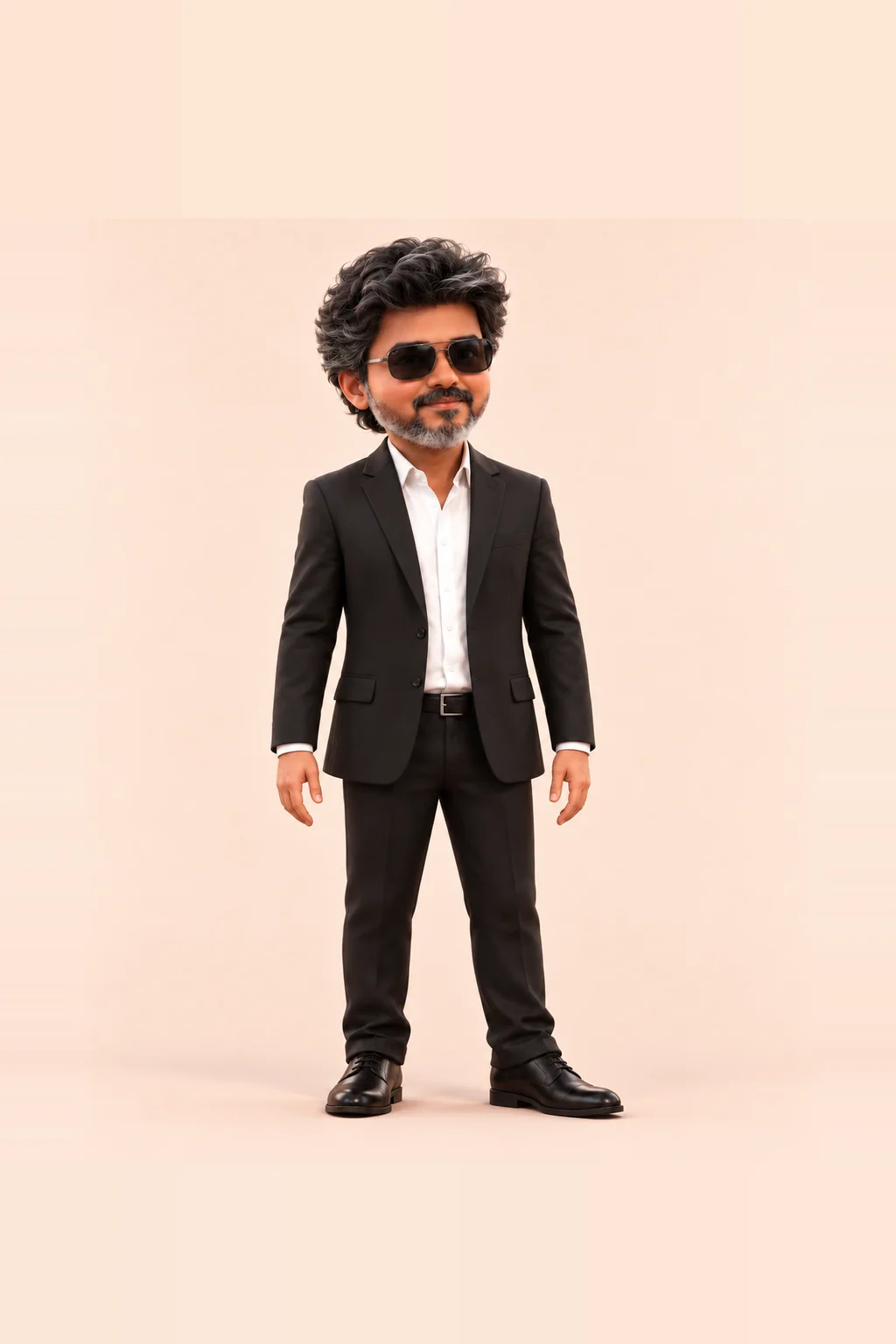 Businessman, a buddy with wavy salt-and-pepper hair, dark glasses, a black suit and a white shirt