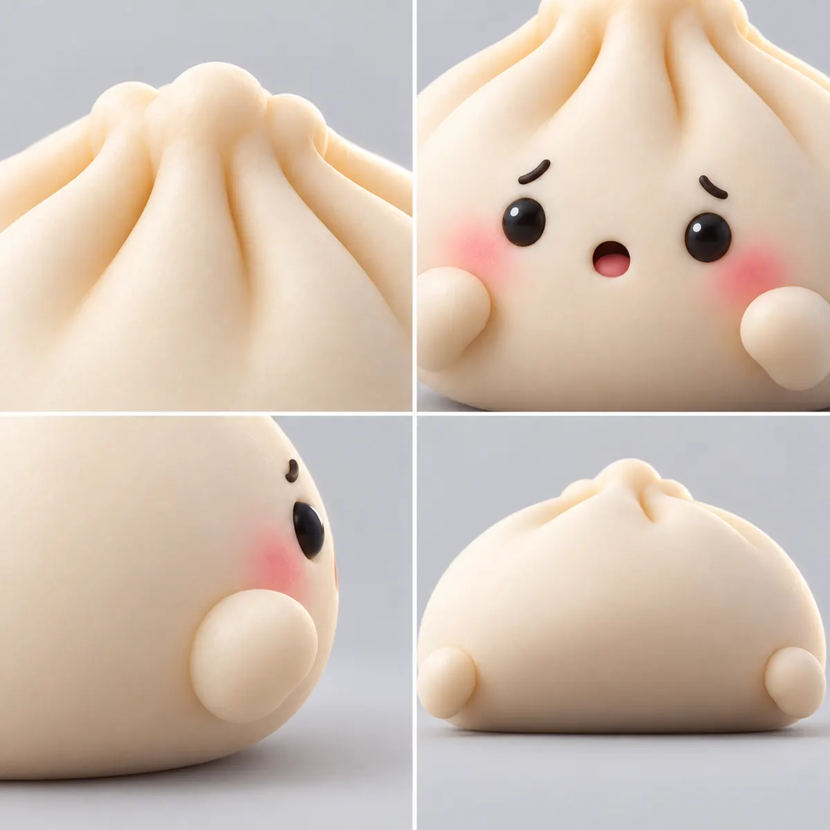 Close-ups of Dumpling Dock: the soft pleats at the top pinch, the face with bead eyes and a small open mouth, a tiny arm joined to the body, and the broad, soft base