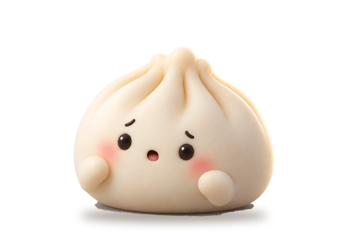 Dumpling Dock: a soft ivory 3D dumpling with five pleats pinched at the top, glossy bead eyes, worried eyebrows, pink cheeks and two tiny arms