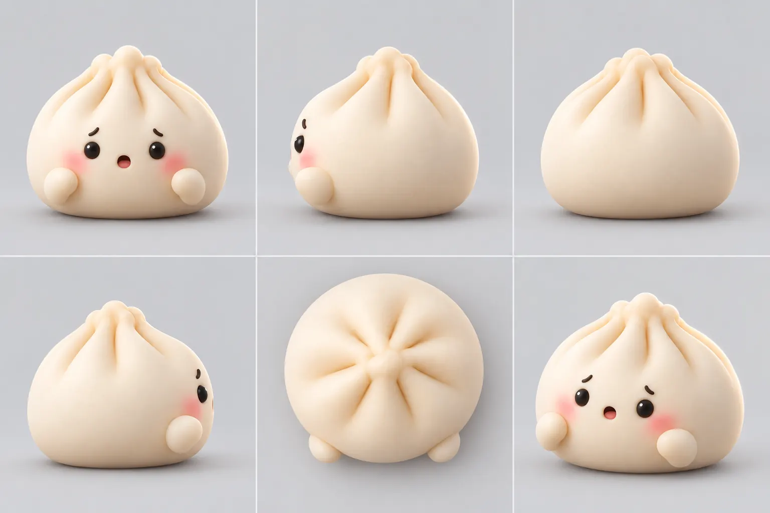 Dumpling Dock in six views: front, left side, a plain rounded back, right side, top with its five pleats meeting at one pinch, and front three-quarter
