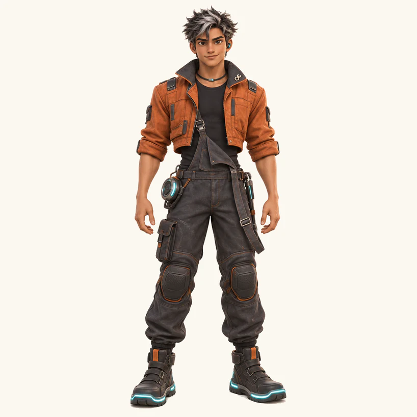 Juno, a desktop salvager with silver-and-black hair and a copper-orange mechanic jacket