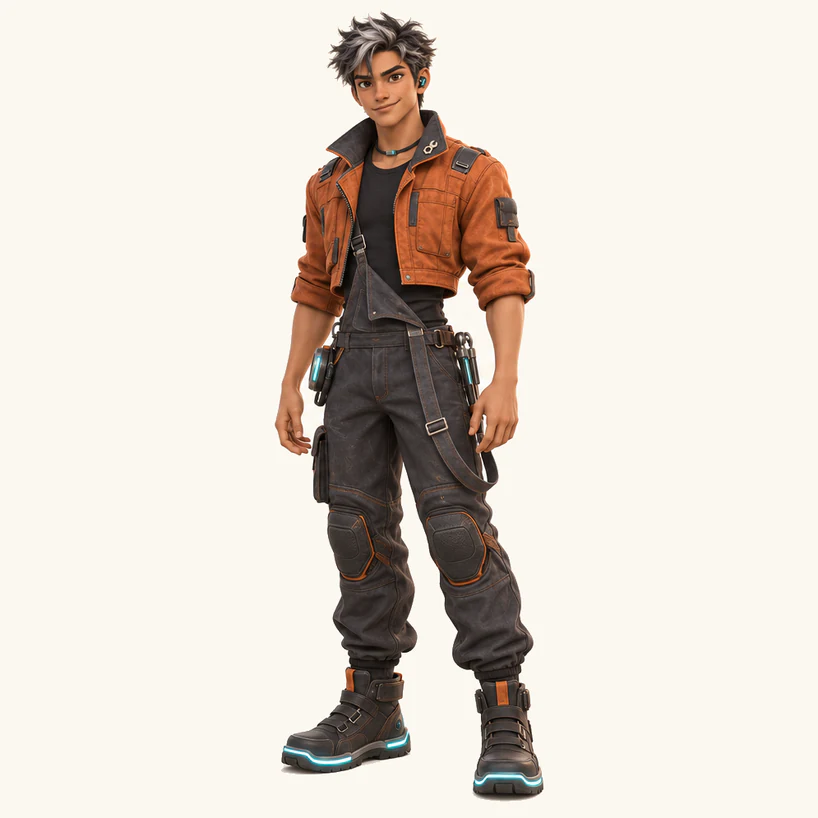 Juno, a desktop salvager with silver-and-black hair and a copper-orange mechanic jacket