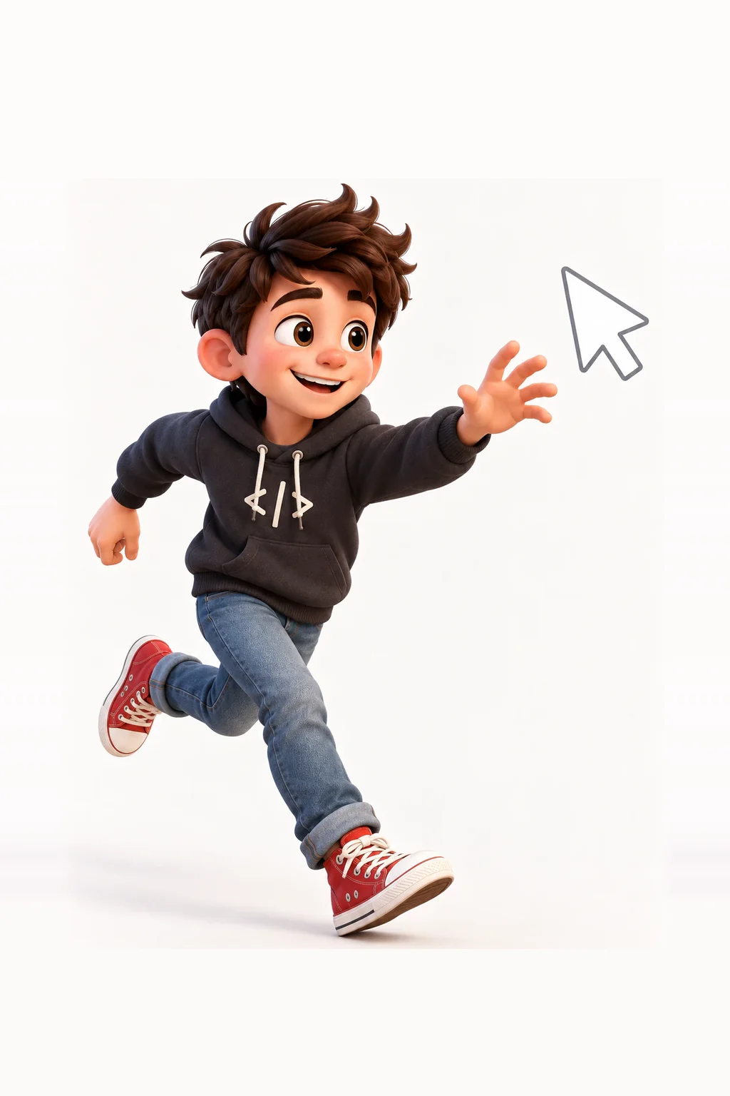 Max in a charcoal hoodie, blue jeans and red sneakers