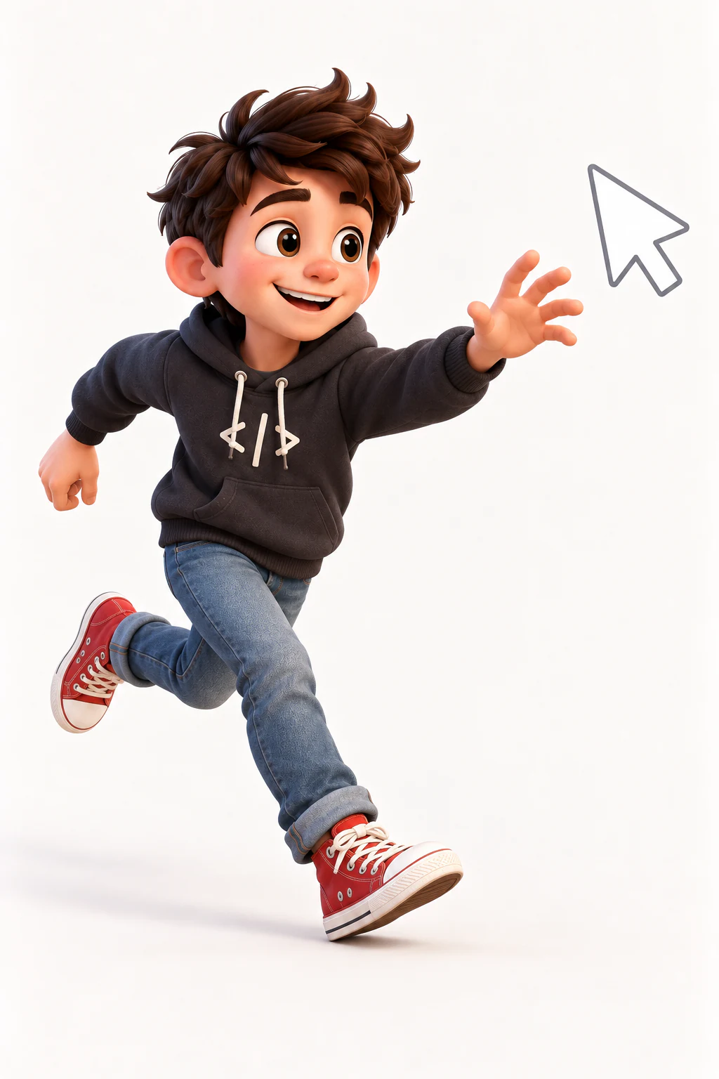 Max in a charcoal hoodie, blue jeans and red sneakers