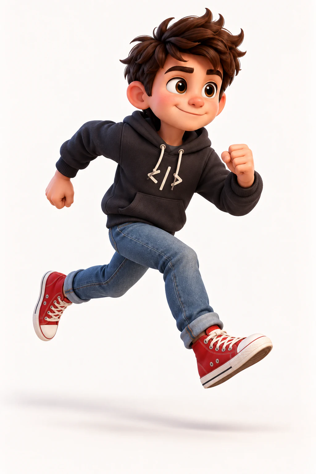 Max running mid-stride in his charcoal hoodie, jeans and red sneakers