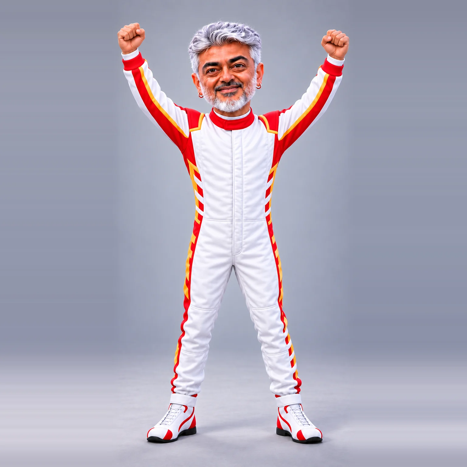 Racer, a silver-haired buddy in a white racing suit with red and yellow stripes