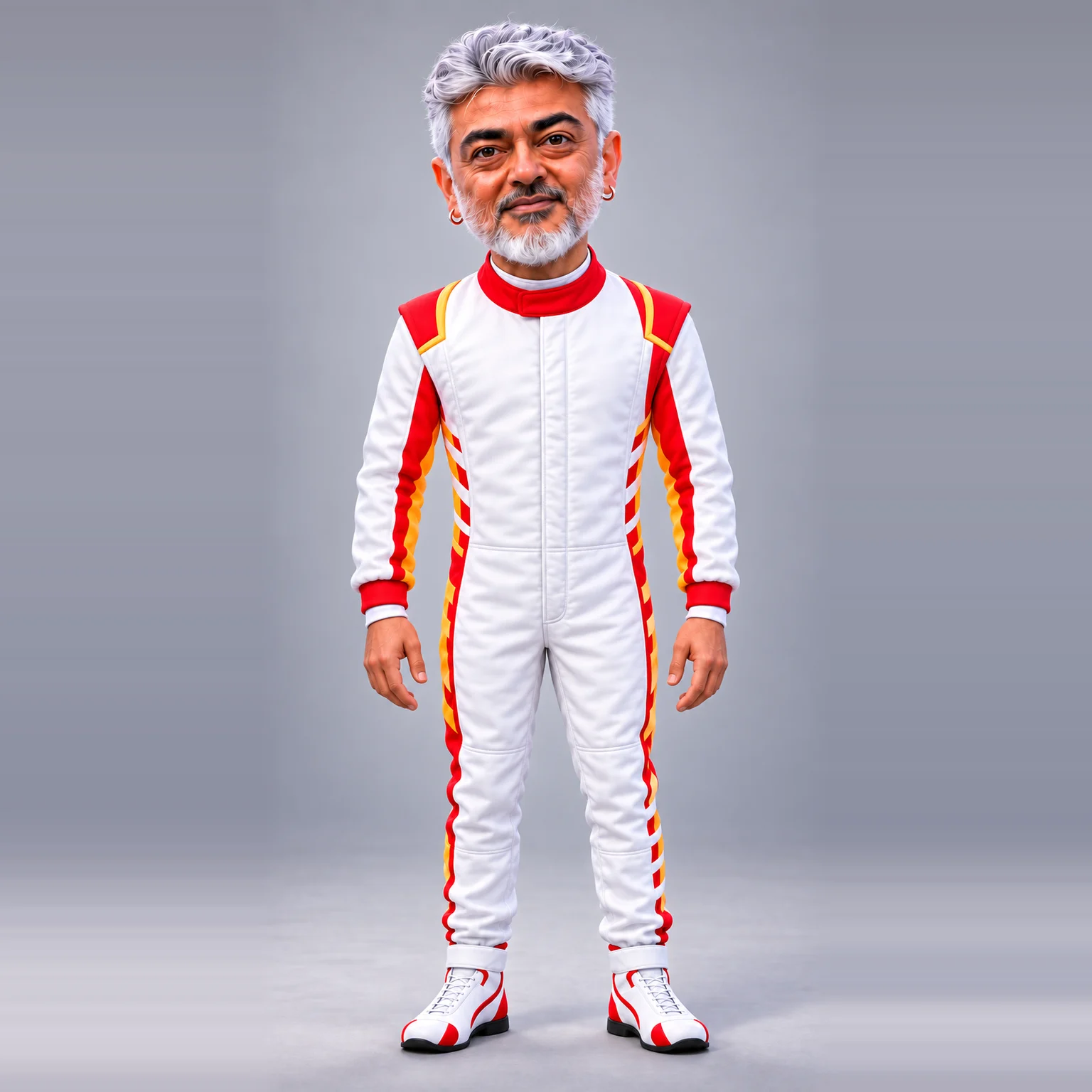 Racer, a silver-haired buddy in a white racing suit with red and yellow stripes