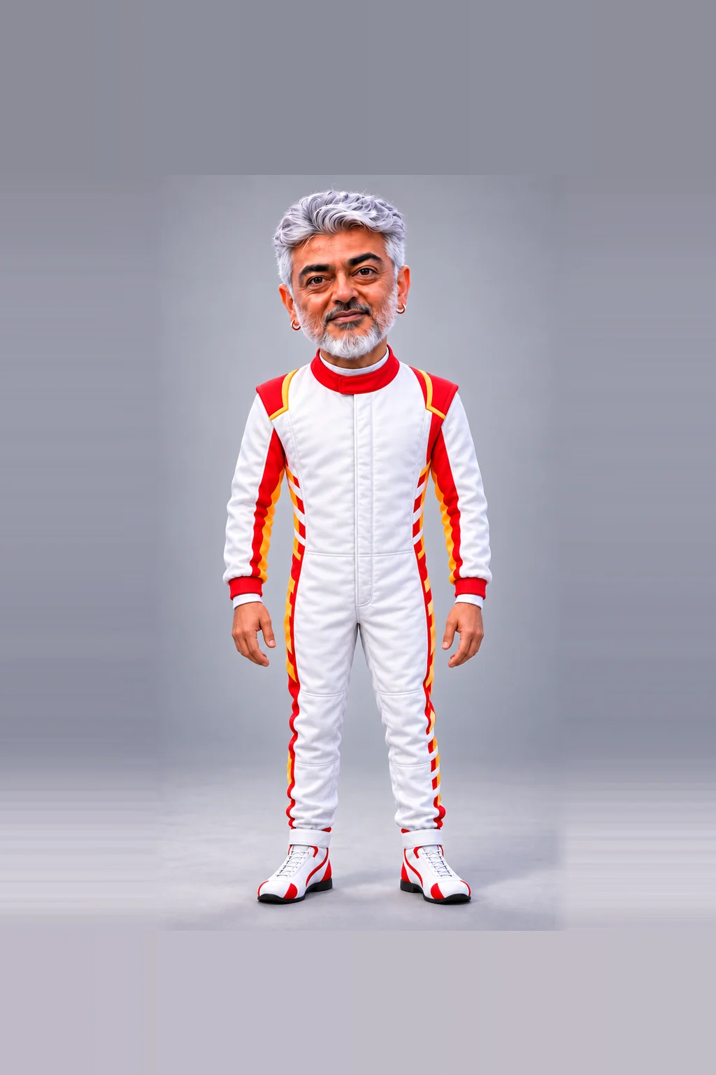 Racer, a silver-haired buddy in a white racing suit with red and yellow stripes